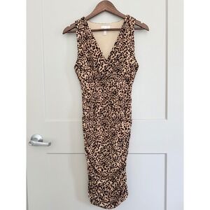 Leith Leopard Print Sleeveless Ruched Side Bodycon Stretch Midi Dress Size Small